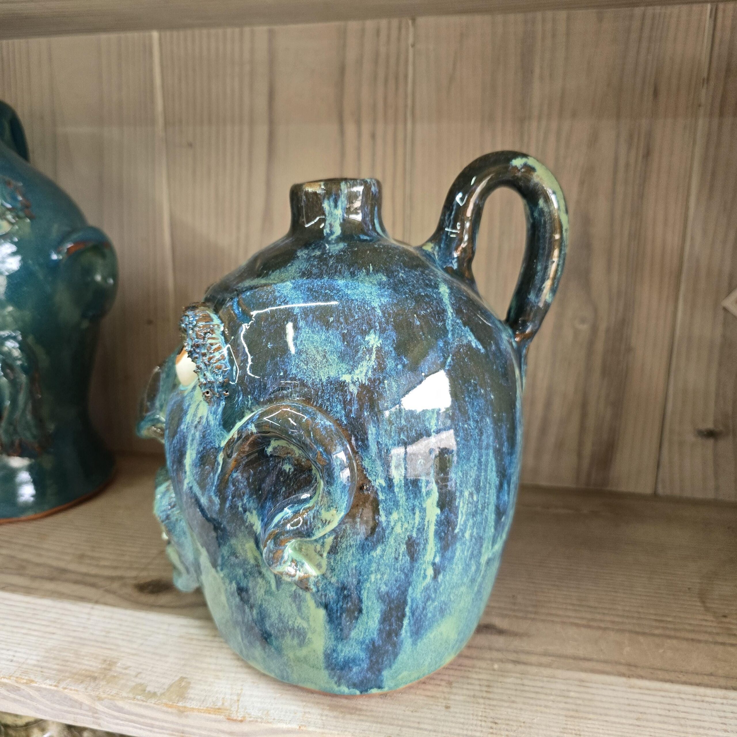 Blue Green Face Jug by Billy Joe Craven 9.5" Tall - Image 4