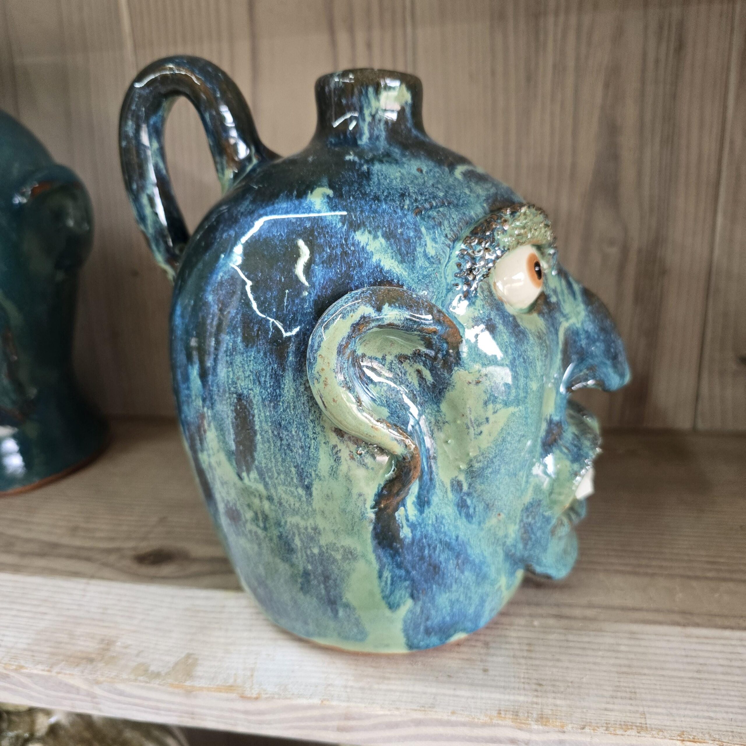 Blue Green Face Jug by Billy Joe Craven 9.5" Tall - Image 2