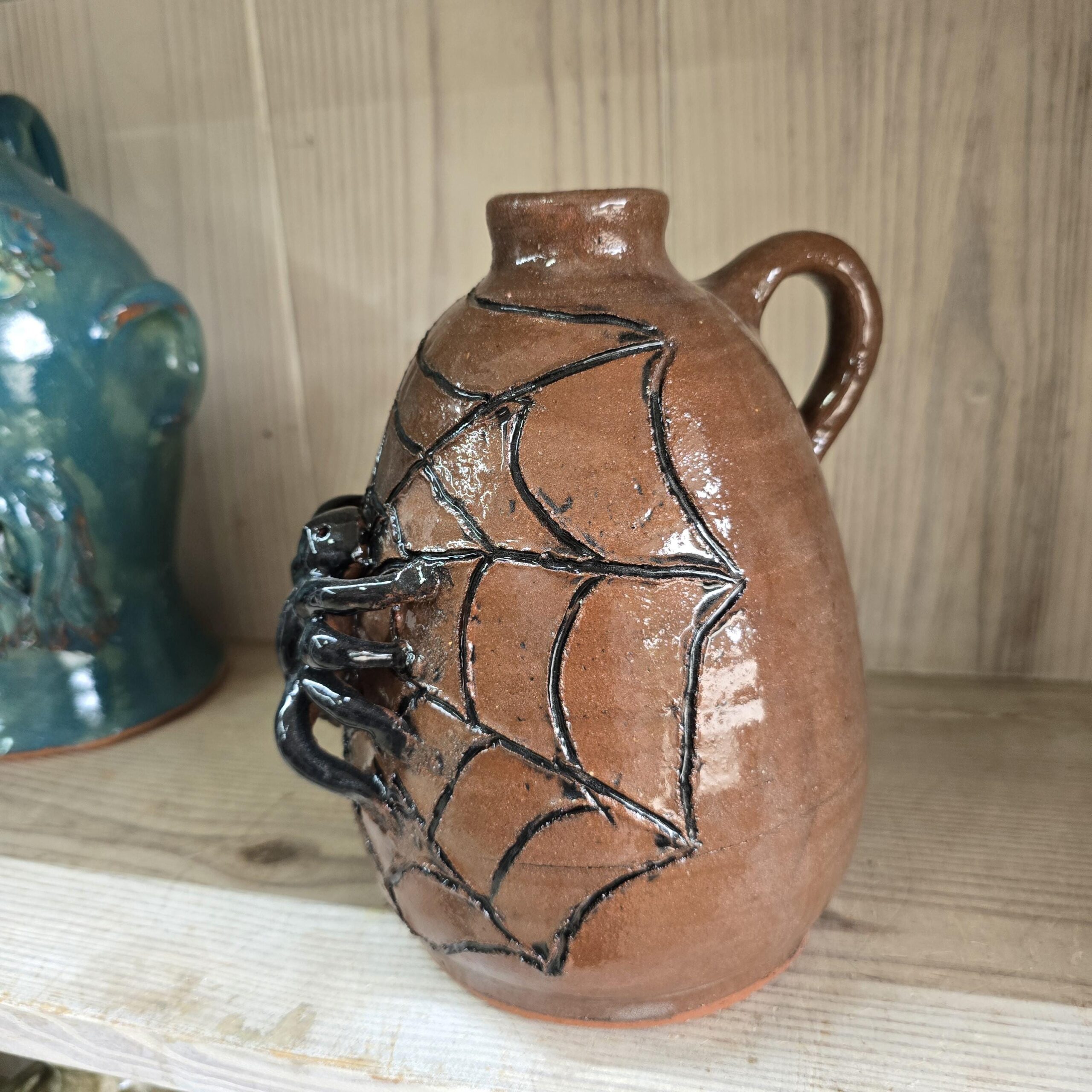 Folk Art Black Spider with Web Pottery Jug by Billy Joe Craven | 8.5" x 6" - Image 5