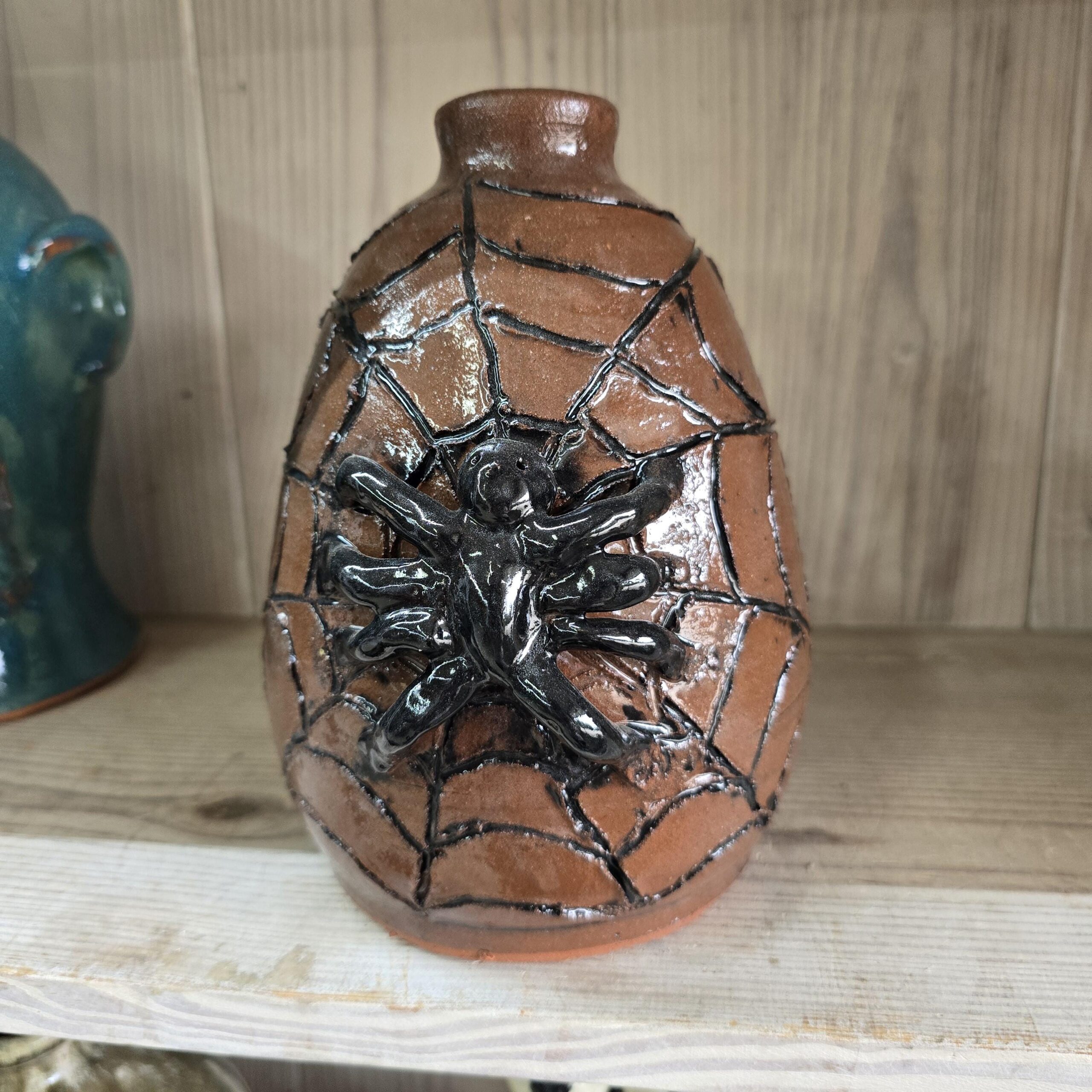 Folk Art Black Spider with Web Pottery Jug by Billy Joe Craven | 8.5" x 6"