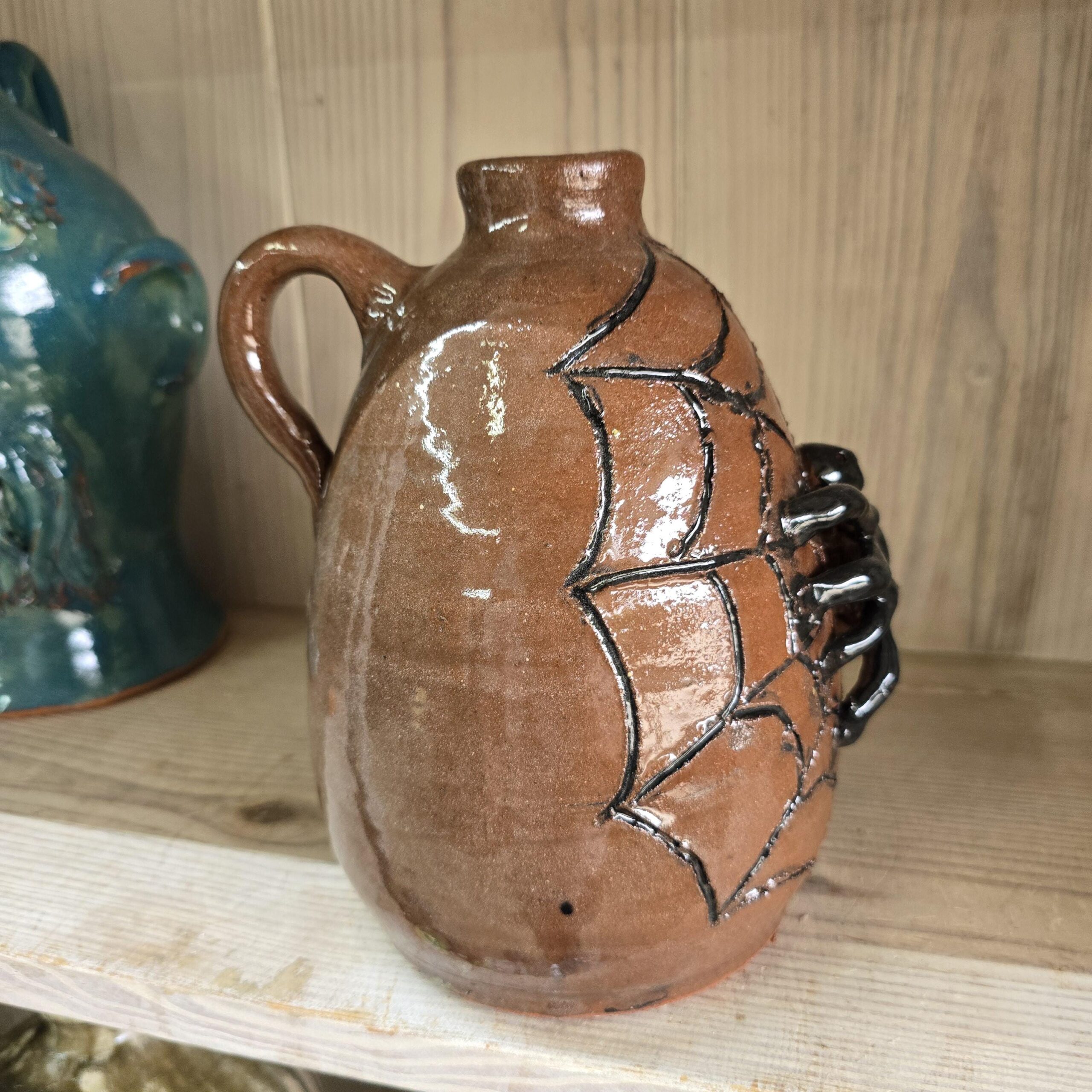 Folk Art Black Spider with Web Pottery Jug by Billy Joe Craven | 8.5" x 6" - Image 3